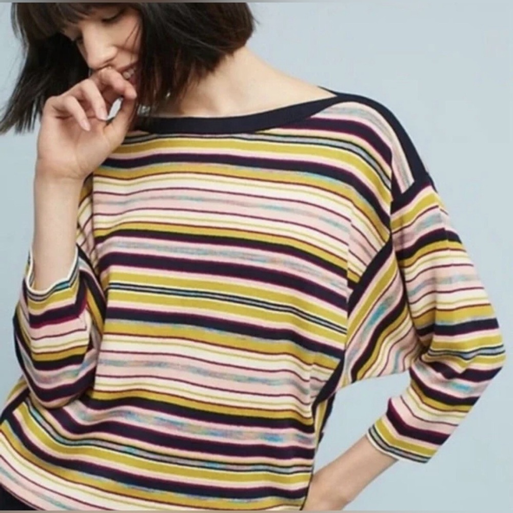 Anthropologie Multicolor Striped Dolman Sleeve Sweater by Moth - Navy - M